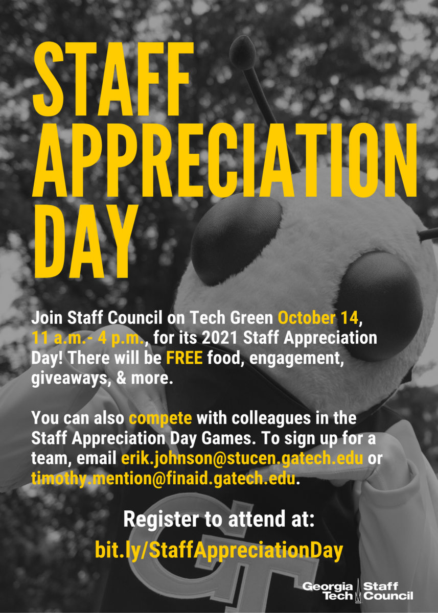Staff Appreciation Day flyer with black background and white and yellow text
